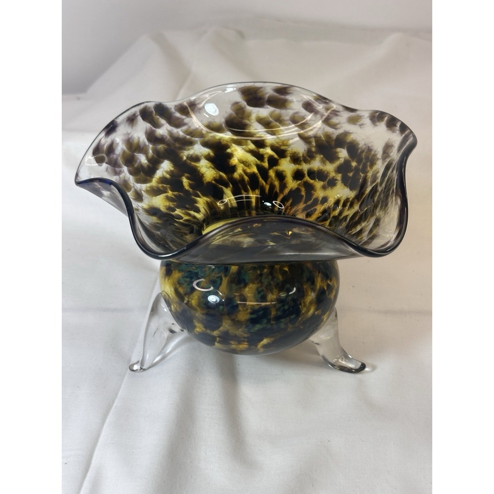 Murano Art Glass Amber, Yellow Tortoise Shell Ruffled 3 Footed Bowl Dish Signed - Picture 4 of 13